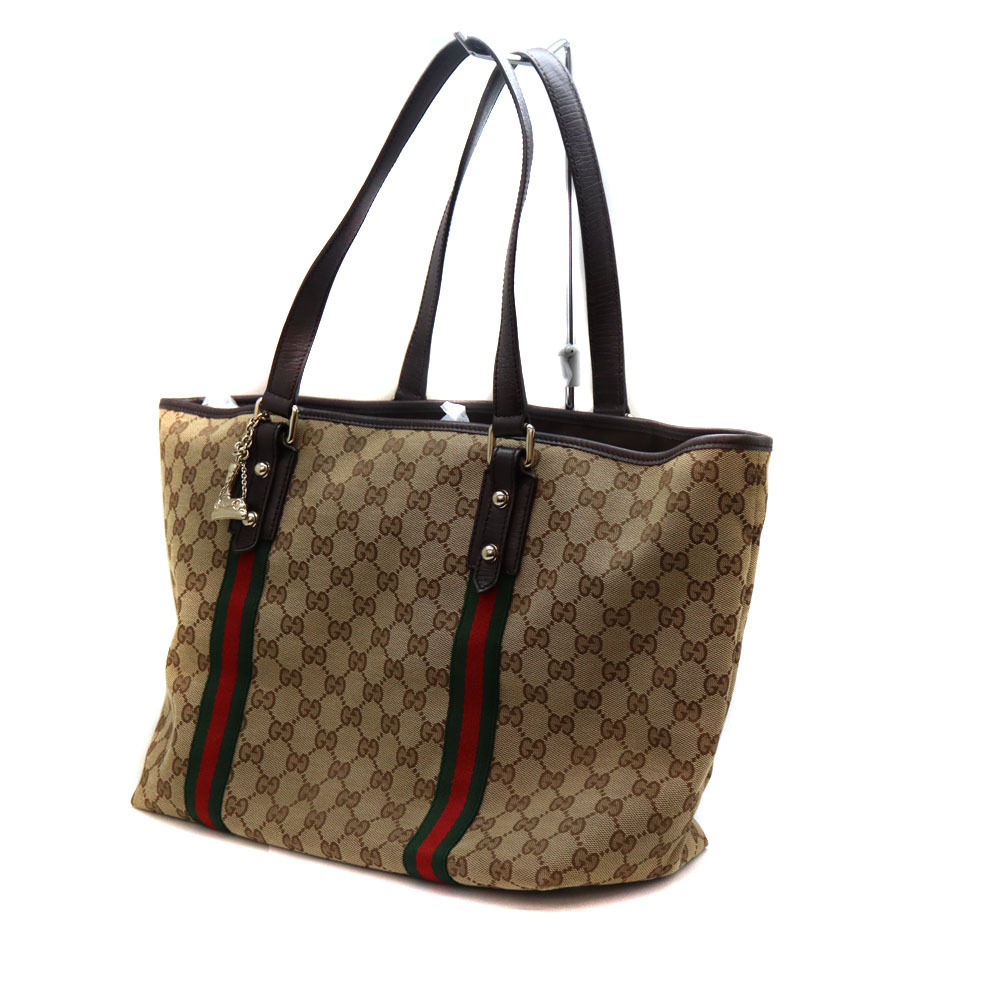 GUCCI Tote Bag Leather Canvas Brown Tan